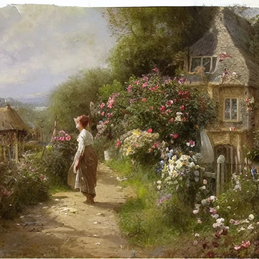 Image similar to remove people. no people. no figures. jean-Baptiste Monge and Solomon Joseph Solomon and Richard Schmid and Jeremy Lipking victorian genre painting portrait painting of an english country cottage with a stone path and flower garden