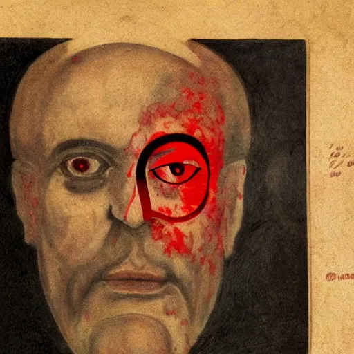 Image similar to portrait of alexander abdulov, with a red eyes, satanic body, head of old man, in blood of sinners, hellish style