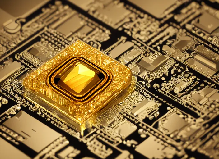 Image similar to magic golden computer chip with a crystal on the center, made by an artificer, product photo, octane render, unreal engine 5, 4 k, 8 k