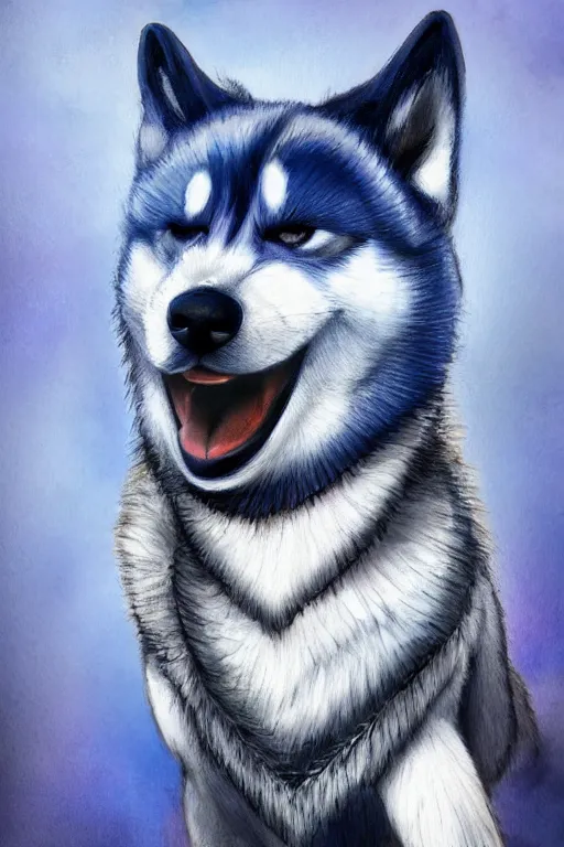 Image similar to a character design of a husky in blue vest, boxing on the stage, portrait painting, anime, studio ghibli, humanoid, anthropomorphic, personify, furry