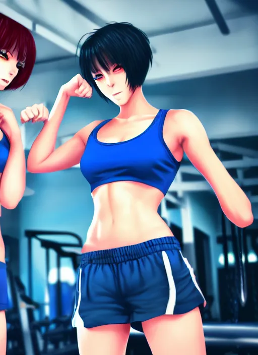 Prompt: two beautiful identical female fighters with short hair facing each other in gym, blue shorts, dim lighting, gorgeous features, high resolution, detailed anime art