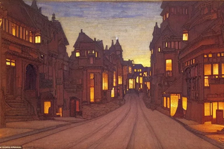 Image similar to winding street at midnight in a very old very beautiful city by ford madox brown and Nicholas Roerich and jean delville, glowing paper lanterns, strong dramatic cinematic lighting , ornate tiled architecture, lost civilizations, smooth, sharp focus, extremely detailed