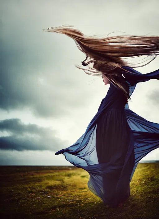 Image similar to cinestill 5 0 d portrait photo of a beautiful woman, britt marling 3 / 4, delicate, subsurface scattering, long hair floating in air in style of gilles zimmermann, 1 5 0 mm, windy mood, dress in voile, mute dramatic colours, soft blur outdoor stormy background, volumetric lighting, hyper detailed, hyper realistic