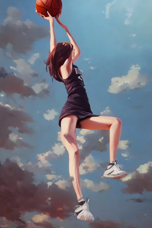 Image similar to A ultradetailed beautiful panting of a stylish girl dunking a basketball, Oil painting, by Ilya Kuvshinov, Greg Rutkowski and Makoto Shinkai