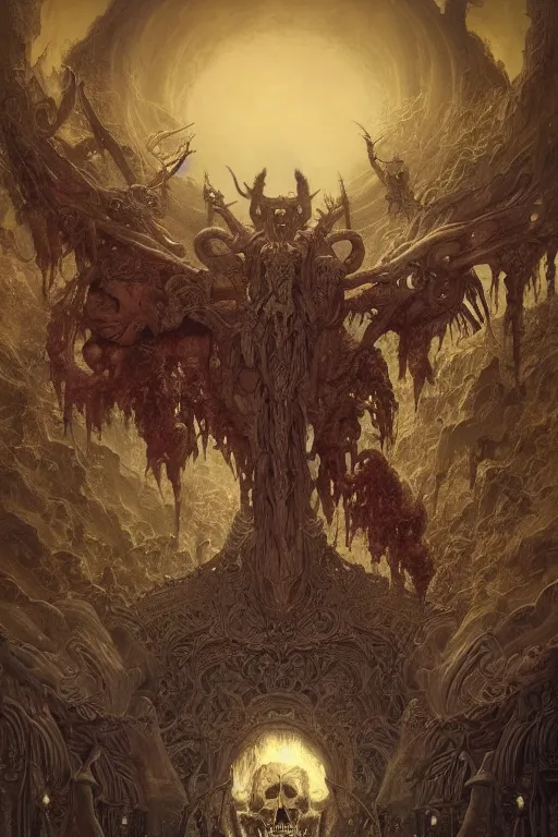 Image similar to evil gigantic demon skeleton lord of death, fantasy painting, ultra realistic, wide angle, art nouveau, intricate details, rainbowshift, vivid colors, highly detailed by peter mohrbacher, h. r. giger, maxfield parrish, gaston bussiere, gustave dore, craig mullins, octane render, cgi