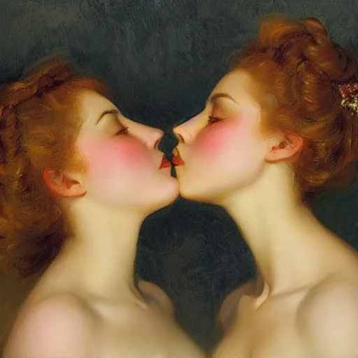 Image similar to Two beautiful women leaning in for a kiss, vertical symmetry, vintage shading, romance, photorealistic, highly detailed, by Ilya Repin and artgerm