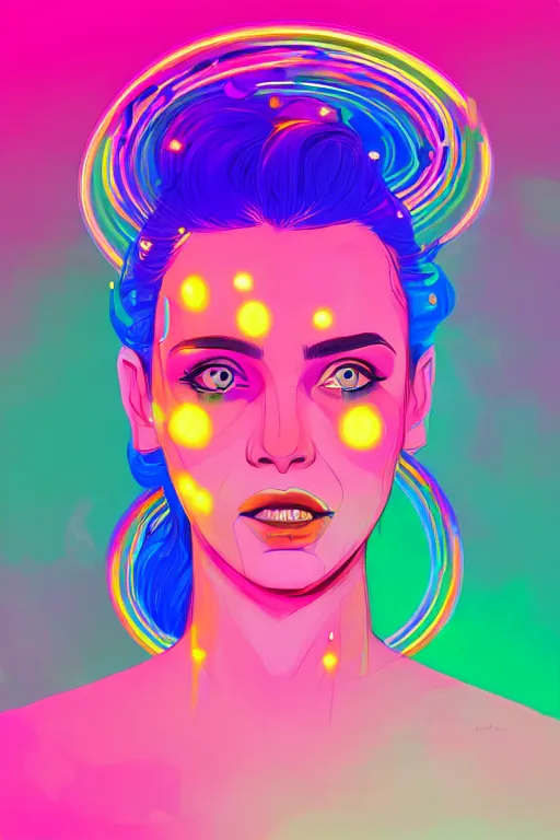 Image similar to a award winning portrait of a beautiful woman with stunning eyes in a one off shoulder croptop and cargo pants with rainbow colored hair, outlined by whirling illuminated neon lines and fine lines swirling in circles by james gilleard, digital art, trending on artstation