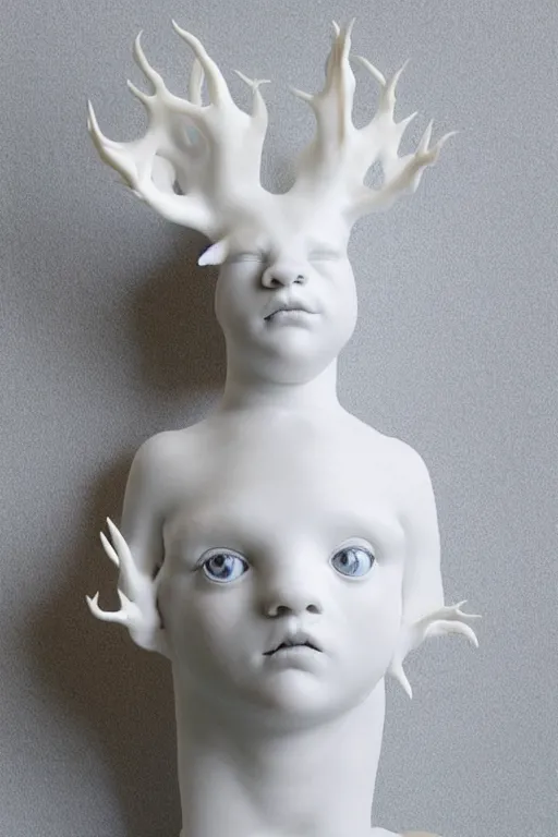 Image similar to full head and shoulders, beautiful female porcelain sculpture mixed with an axolotls, by daniel arsham and raoul marks, smooth, all white features on a white background, delicate facial features, white eyes, white lashes, detailed white 3 d lizards on the head