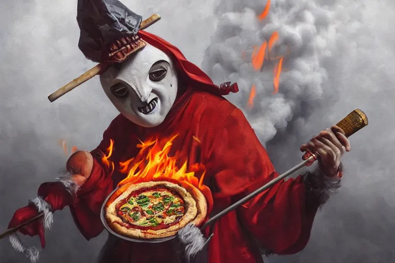 Image similar to a highly detailed scary painting of pulcinella!!! from naples with a pizza!! and lots of fire, a volcano and dark smoke, an ultrafine detailed painting by ravari mok, dramatic lighting, trending on deviantart, sharp focus, octane, masterpiece