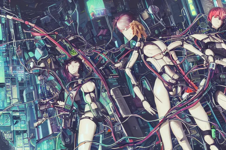 Image similar to cyberpunk anime illustration of a group of female androids lying on an empty white floor in various poses with their bodies open showing a tangled mess of wires and cables coming out, by katsuhiro otomo and masamune shirow, hyper-detailed, colorful, beautiful, bird view