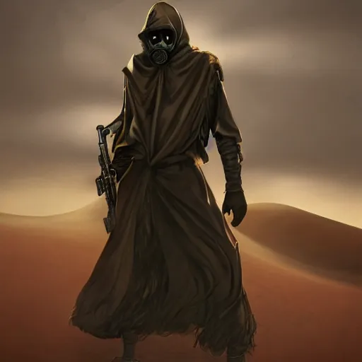 Prompt: a man wearing a long cloak and gasmask, in the desert, album cover, illustrated by Arik Roper, high detail, trending on artstation