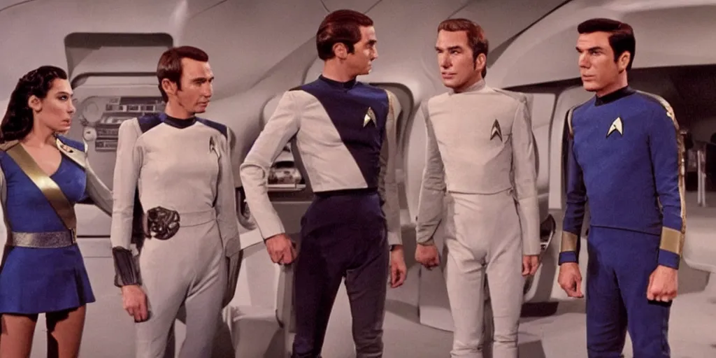 Image similar to a scene from Trouble with Tribbles!!! an episode of the original Star Trek series, with Gal Gadot, in Starfleet uniform, in the role of Captain Kirk