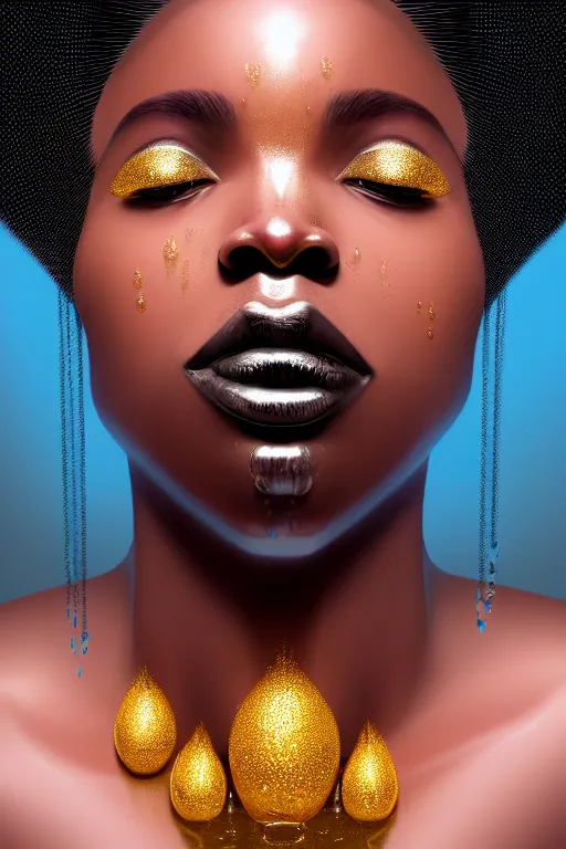 Prompt: hyperrealistic precisionist cinematic profile very expressive! black oshun goddess, in water! up to shoulders, mirror dripping droplet!, gold flowers, highly detailed face, digital art masterpiece, smooth eric zener cam de leon, dramatic pearlescent turquoise light on one side, low angle uhd 8 k f / 2. 8 1 / 1 0 0 0 s