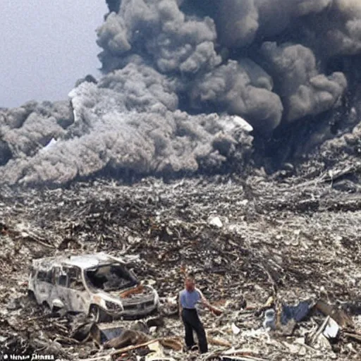 Prompt: george w bush surfing on the pyroclastic cloud of the collapsing world trade center debris as if it were a wave on 9 / 1 1 / 0 1