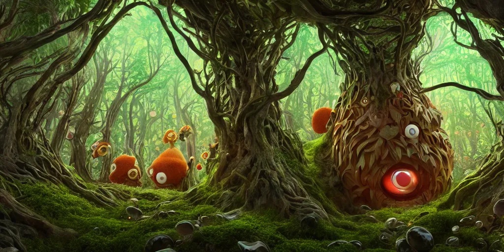 Image similar to of an intricate forest with strange cute friendly happy creatures with huge eyes, mouth, long tongue, round teeth and goofy face, appearing from the background, in the style of gehry and gaudi, macro lens, shallow depth of field, ultra detailed, digital painting, trending artstation, concept art, illustration, cinematic lighting, photorealism, epic, octane render