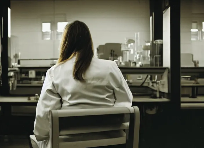 Prompt: a 3 5 mm photo from the back of a woman wearing a white lab coat sitting at a bench in a laboratory, bokeh, canon 5 0 mm, cinematic lighting, dramatic, film, photography, golden hour, depth of field, award - winning, 3 5 mm film grain, retro, film, kodachrome, closeup