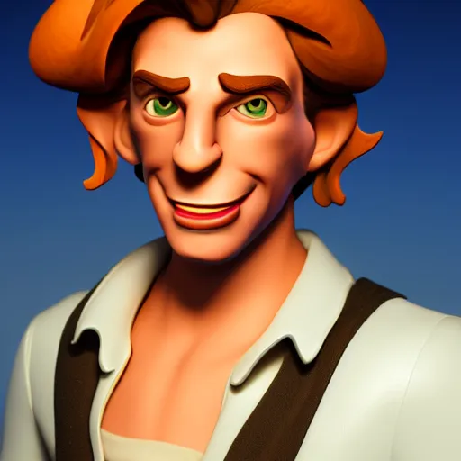 Image similar to Guybrush Threepwood, depicted as a Pixar character, high quality CG render, 4K