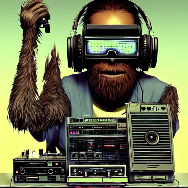 Prompt: a portrait of an anthropomorphic cyberpunk bigfoot dj at the turntables, detailed render, tape deck, boombox, headphones, epic composition, cybernetics, 4 k realistic, cryengine, realistic shaded lighting, sharp focus, masterpiece, by matteo scalera, gary montalbano, peter elson in the style of the tokyo ghost comic