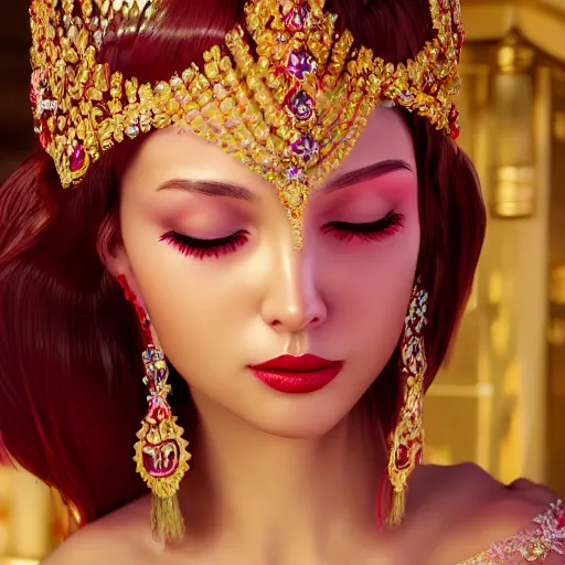 Prompt: portrait of beatiful princess of ruby with fair skin, adorned with jewels, ornate 8 k gorgeous intricate detailed, accent lighting, dramatic light, octane render