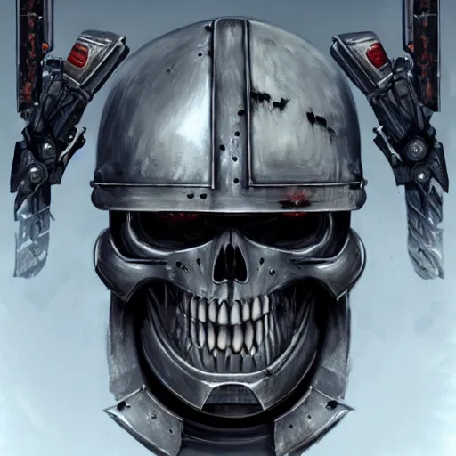 Image similar to space marine, knight, skull helmet, terminator, terrifying, grimdark, horror, war, photorealistic, front view, symmetrical, artstation, art by brom