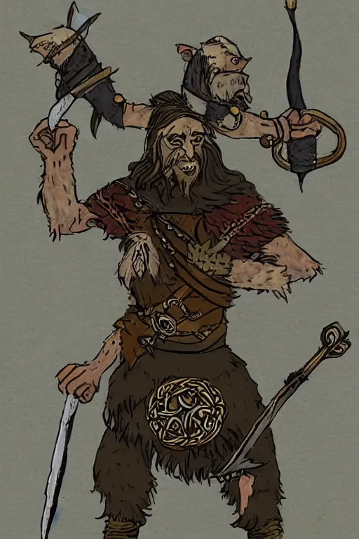 Image similar to full body character concept art of Eoghaill of the Murine Hordes, a La Tene Culture Celtic chieftain and warrior, resplendent and proud of bearing. Has a one-eyed rat as a familiar. Eoghaill is the leader of an Comlagh Naomh a group of Iron Age mercenaries.