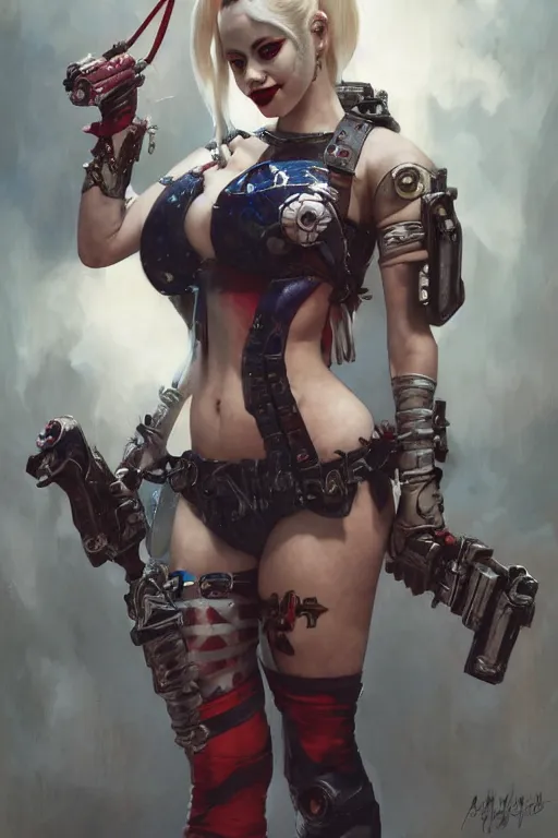 Image similar to a portrait of Harley Quinn in bikini armor, Warhammer 40000, cyberpunk, intricate, elegant, highly detailed, digital painting, trending on artstation, concept art, smooth, sharp focus, illustration, art by Ruan Jia and Mandy Jurgens and Artgerm and william-adolphe bouguereau and greg rutkowski and alphonse mucha