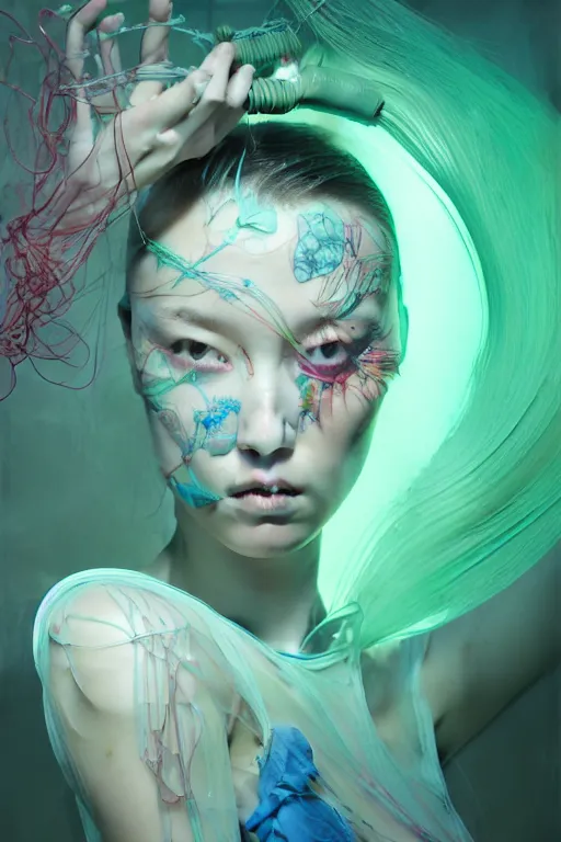 Image similar to hyperrealistic photography of a gorgeous girl inside a syringe containing luminescent green liquid in the style of jin kagetsu, james jean, chris cunninham, hans bellmer and wlop, highly detailed, face symmetry, masterpiece, award - winning, sharp focus, intricate concept art, ambient lighting, 8 k, artstation