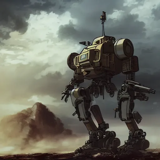 Image similar to a mech with guns on each arm preparing for combat, battlefield, dead trees, fire, smoke, dark clouds, slightly sunny, ominous, intense, epic, extremely detailed, cinematic lighting, studio ghibli, anime, steampunk, cool,