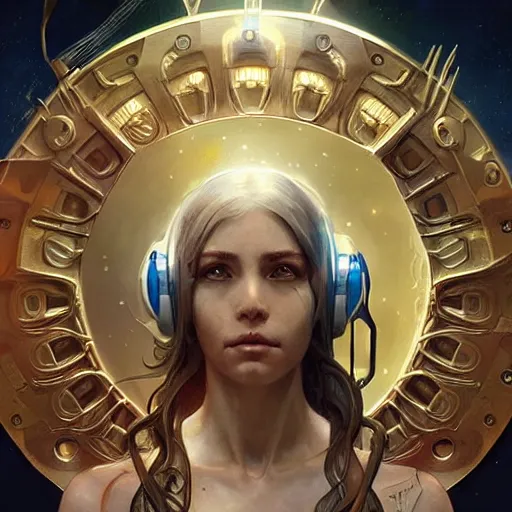 Prompt: medal of creation, tech, robotics, sci - fi, highly detailed, digital painting, concept art, smooth, sharp focus, illustration, art by artgerm and greg rutkowski and alphonse mucha