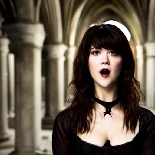 Image similar to mary elizabeth winstead as a vampire showing her fangs in a gloomy gothic cathedral at night