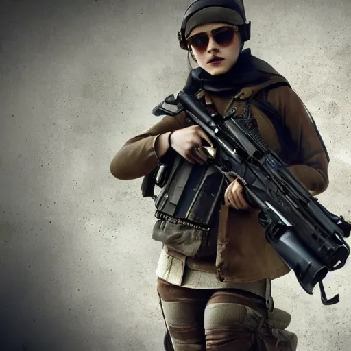 Image similar to Emma Watson a dressed as Catalan Terrorist in CSGO ,hyperrealistic, 8k UHD, studio photography, high quality, high detail, stunning lighting