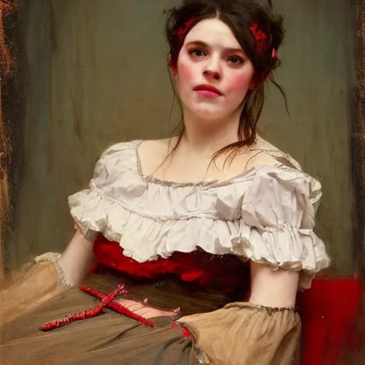 Image similar to Solomon Joseph Solomon and Richard Schmid and Jeremy Lipking victorian genre painting portrait painting of a happy young beautiful woman traditional german french actress model pirate wench in fantasy costume, red background