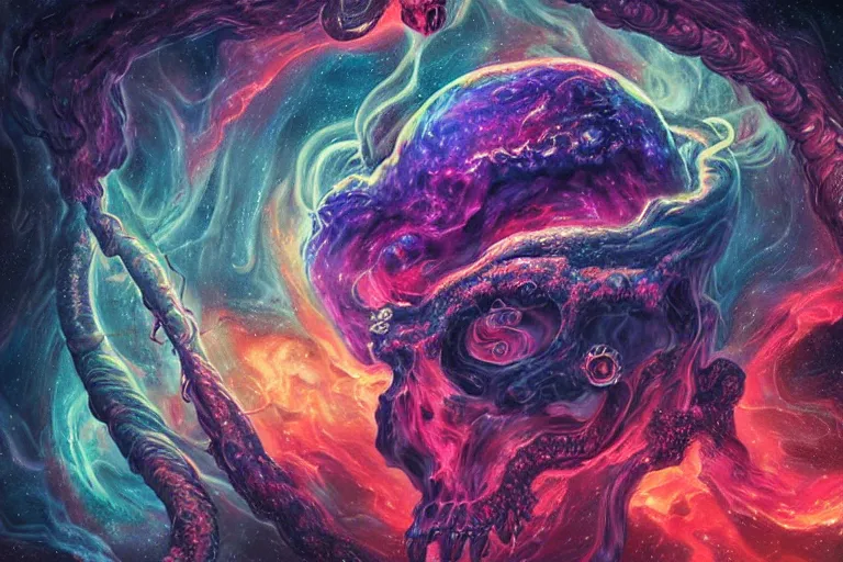 Image similar to a giant skull with eyes and lovecraftian tentacles emerging from a space nebula by dan mumford, smoke trails, digital art, photorealistic, vivid colors, highly detailed, intricate