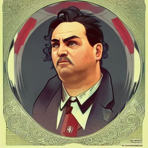 Image similar to [Communist Fernandel as president of France! as GTA character, mystic ninja, closeup, D&D, intricate, elegant, highly detailed, digital painting, artstation, concept art, matte, sharp focus, illustration, art by Artgerm and Greg Rutkowski and Alphonse Mucha]