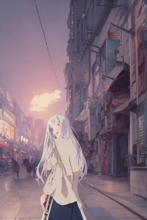 Prompt: a white haired girl with a guitar on her back shopping at a convenience store at night, grey and dark theme, s line, 4 5 angel by krenz cushart and mucha and makoto shinkai, 4 k resolution