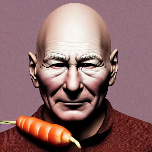 Image similar to hyperrealistic film still of patrick stewart fused with a carrot, tall carrot body, stunning 3 d render, inspired by istvan sandorfi & greg rutkowski & unreal engine, perfect symmetry, dim volumetric cinematic lighting, 8 k octane comprehensive render, extremely hyper - detailed, incredibly lifelike attributes, intricate, real flesh texture, masterpiece, artstation, stunning,