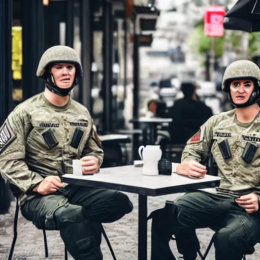 Image similar to special forces soldiers in black suits sitting at the cafe and drinking coffee