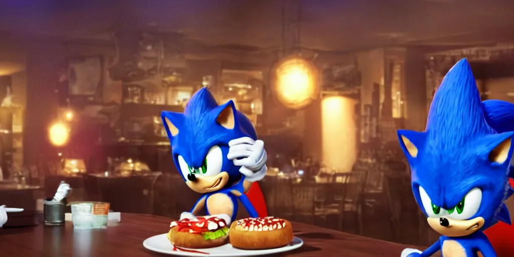 Image similar to A render of Sonic the Hedgehog sitting across from Shadow the Hedgehog in a dark restaurant, Sonic looks like he is shocked, Shadow is looking away in disgust, they both have hamburgers in front of them on a plate, movie, HDR, moody lighting, unique camera angle from the end of the table and between the two of them, orange candle lighting is glowing on their faces, romantic scene