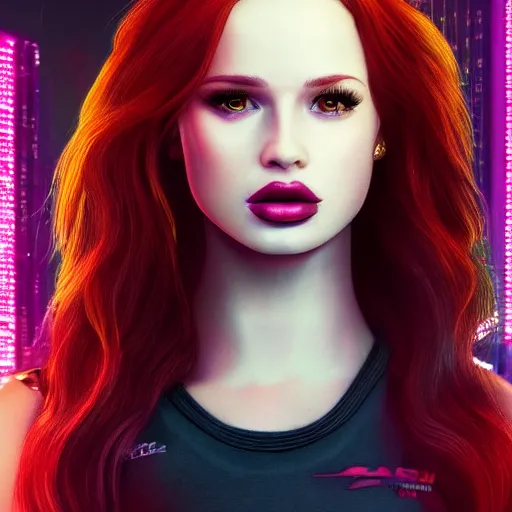 Image similar to madelaine petsch portrait, cyberpunk 2 0 7 7, cyberpunk judy alvarez, photorealistic, ultra detailed, neon, octane, bokeh, cinematic lighting, cyber, cyberpunk city, studio quality, feature, scars, cyberface, 8 k