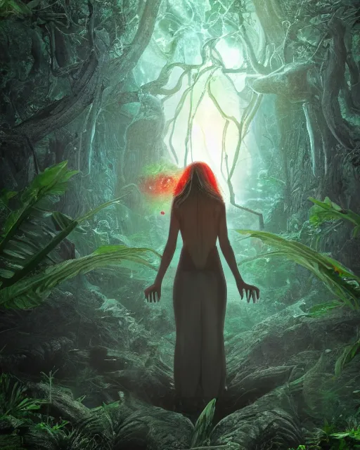 Image similar to a doomed goddess walking towards a ravenous, horrific portal to hades embedded in a creepy tree in a densely overgrown, magical jungle, fantasy, dreamlike sunraise, stopped in time, dreamlike light incidence, ultra realistic