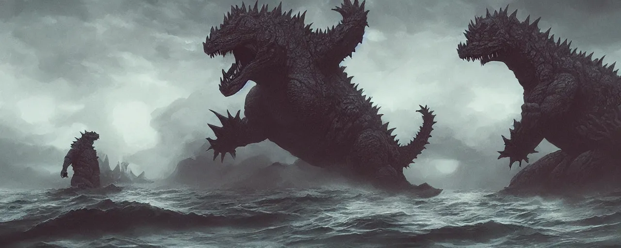 Image similar to duotone noir concept illustration portrait of godzilla emerging from sea, octane render, surreal atmosphere, volumentric lighting. cosmic horror. accidental renaissance. by sachin teng and sergey kolesov and ruan jia and heng z. graffiti art, scifi, fantasy, hyper detailed. trending on artstation