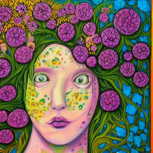 Image similar to a painting of a woman's face surrounded by flowers, a surrealist painting by alice mason, deviantart, psychedelic art, psychedelic, biomorphic, detailed painting