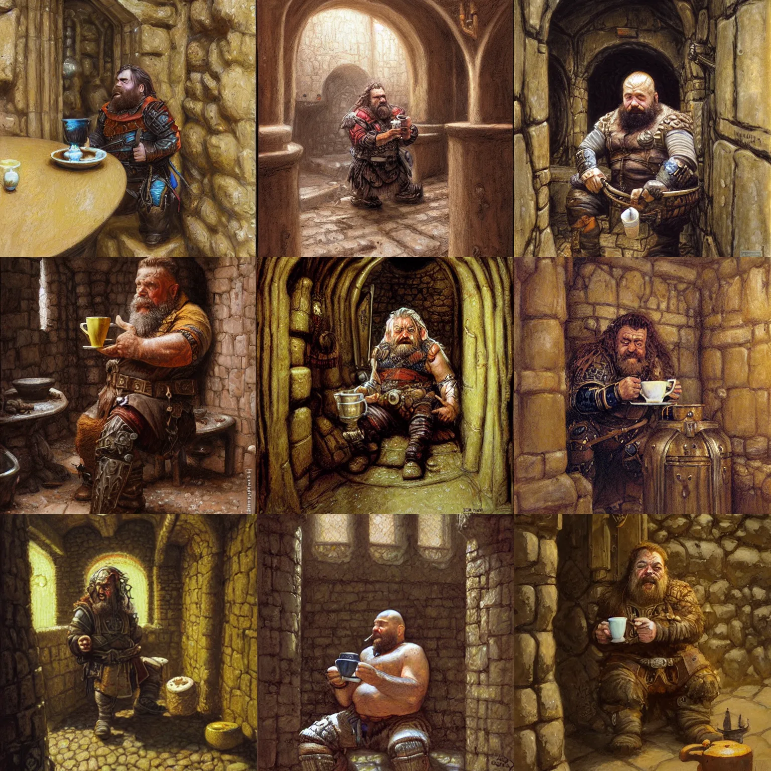 Prompt: Dwarf Warrior drinking Coffee inside a dungeon, by Donato Giancola