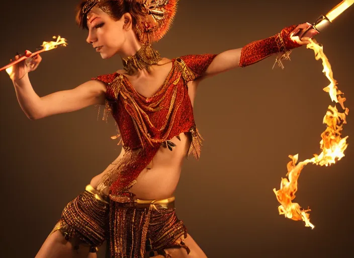 Prompt: a graceful fire dancer holding blow torches, fantasy, wearing an elegant tribal outfit, ultra realistic, 4 k, movie still, uhd, sharp, detailed, cinematic, render, modern