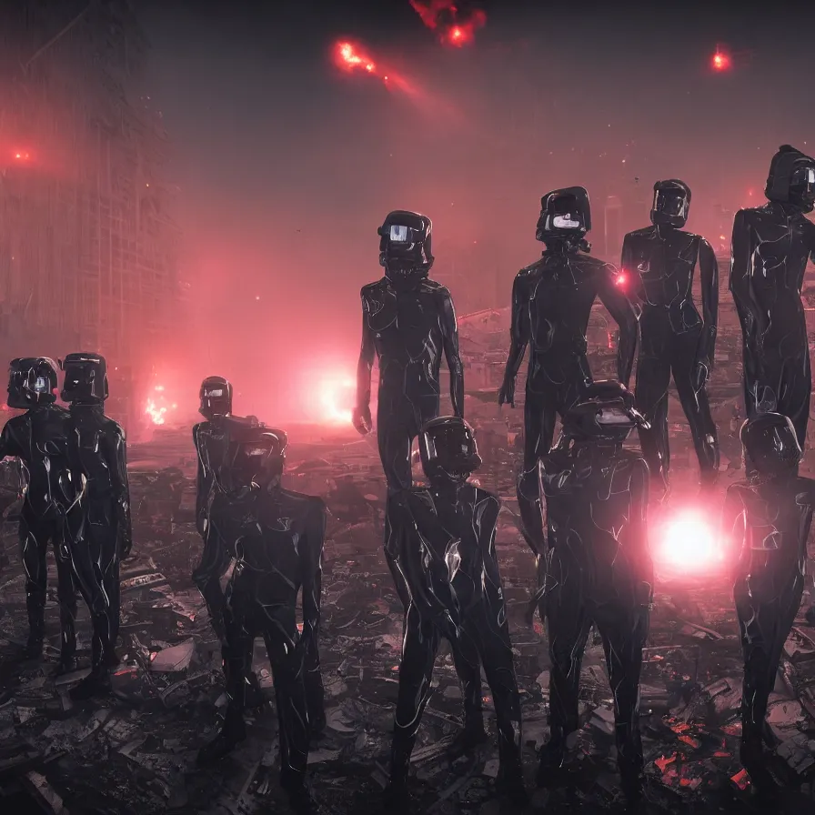 Image similar to 8 k hyperrealistic cinematic shot starset band in sci fi uniforms, standing in the streets, in an apocalyptic ruined distopian future city in an epic cinematic shot, with red haze, performing a music video, hyper detailed faces, stunning realism, brutalist buildings tower over