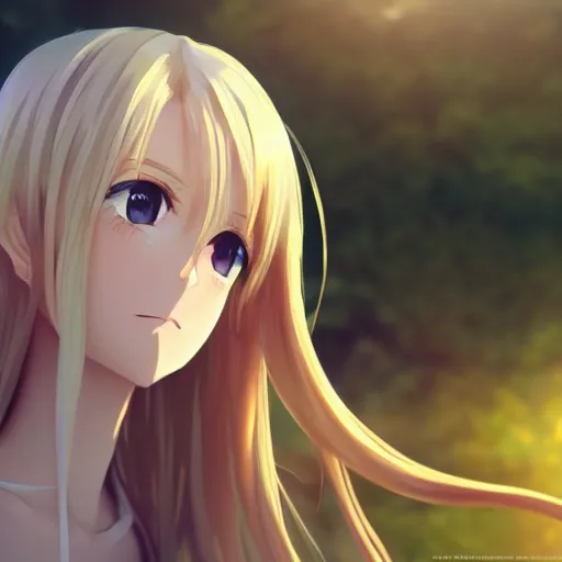 Image similar to a very beautiful anime cute girl, extremely long blond hair reaching the ground, full body, long wavy blond hair, sky blue eyes, full round face, short smile, fancy top, miniskirt, front view, summer lake setting, cinematic lightning, medium shot, mid-shot, highly detailed, trending on Artstation, Unreal Engine 4k, cinematic wallpaper by Stanley Artgerm Lau, WLOP, Rossdraws, James Jean, Andrei Riabovitchev, Marc Simonetti, and Sakimichan