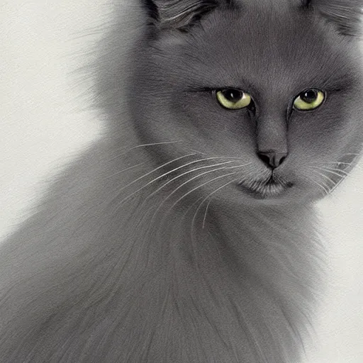 Image similar to a big indifferent looking dark grey cat with white belly, white paws and white face markings with long fur and fluffy tail sitting, intricate, elegant, highly detailed, digital painting, artstation, concept art, matte, sharp focus, illustration, art by Artgerm and Greg Rutkowski and Alphonse Mucha