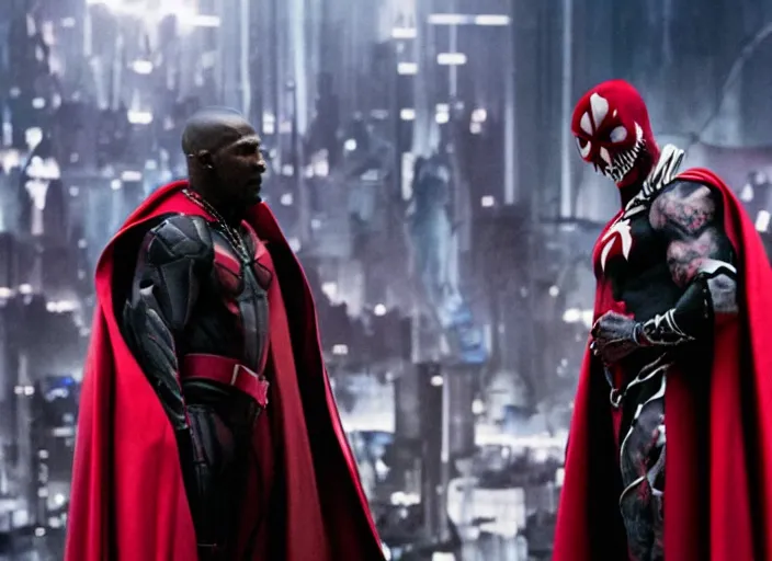 Prompt: film still of jamie foxx as spawn in the new spawn movie, giant chains, large cape, 8 k