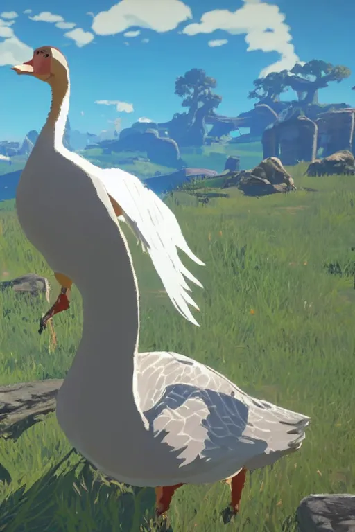 Image similar to in game footage of a white goose from the legend of zelda breath of the wild, breath of the wild art style.