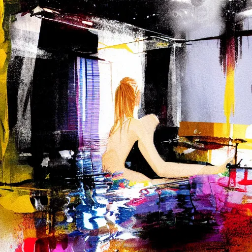 Image similar to abstract painting of Elle Fanning in a flooded house, by Bill Sienkiewicz